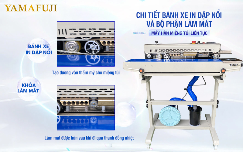 Chi tiết bánh xe in dập nổi và bộ làm mát của máy hàn miệng túi liên tục SF-150GP