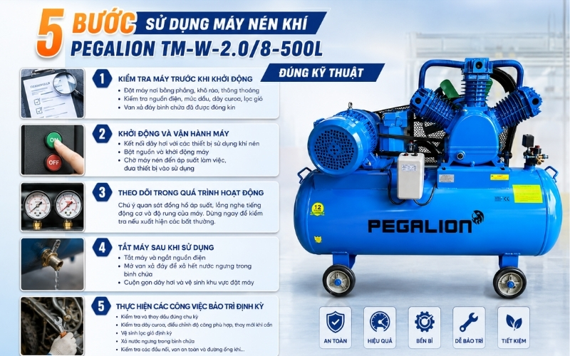 5 bước sử dụng máy nén khí Pegalion TM-W-2.08-500L đúng kỹ thuật