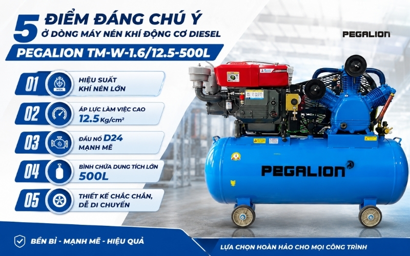 5 điểm đáng chú ý ở dòng máy nén khí động cơ diesel Pegalion TM-W-1.612.5-500L