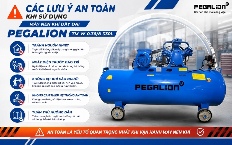 Các lưu ý an toàn khi sử dụng máy nén khí Pegalion TM-W-0.368-330L