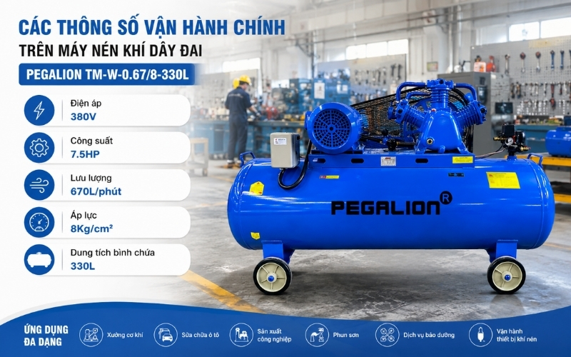 Các thông số vận hành chính trên máy nén khí dây đai Pegalion TM-W-0.678-330L (380V)