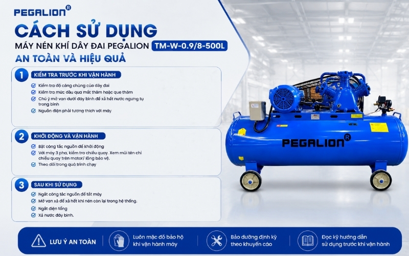 Cách sử dụng máy nén khí dây đai Pegalion TM-W-0.98-500L an toàn và hiệu quả