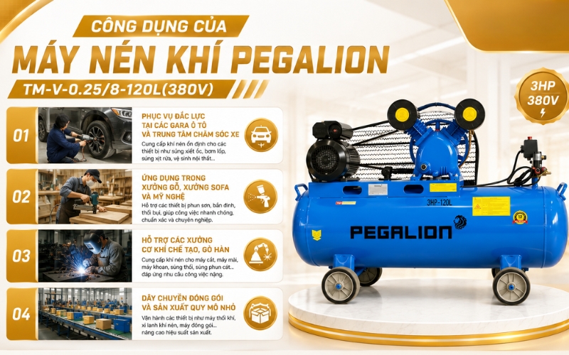 Công dụng của Máy nén khí Pegalion TM-V-0.25/8-120L(380V)