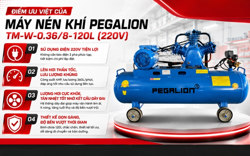 Điểm ưu việt của Máy nén khí Pegalion TM-W-0.36/8-120L (220V)
