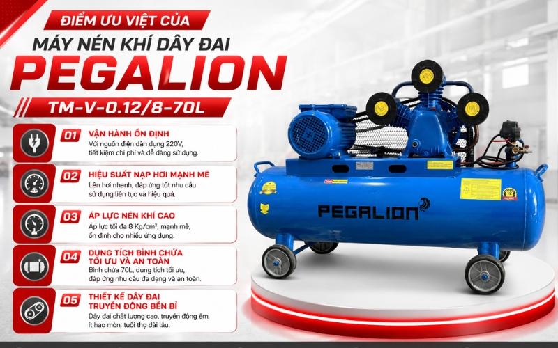 Điểm ưu việt của Máy nén khí dây đai Pegalion TM-V-0.12/8-70L