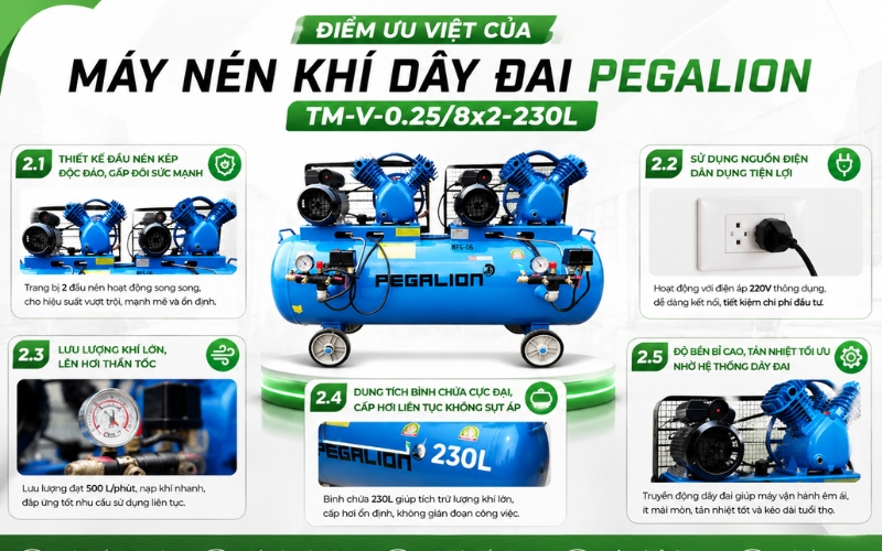 Điểm ưu việt của Máy nén khí dây đai Pegalion TM-V-0.25/8x2-230L