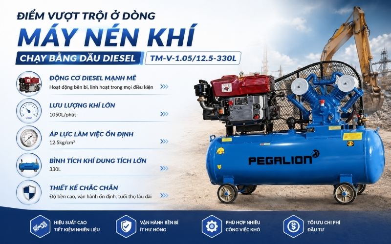 Điểm vượt trội ở dòng máy nén khí chạy bằng dầu diesel TM-V-1.05/12.5-330L