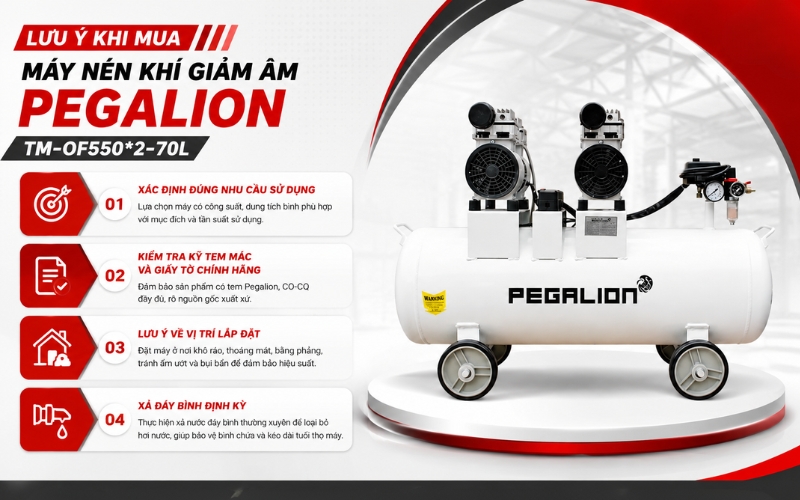 Lưu ý khi mua Máy nén khí giảm âm Pegalion TM-OF550*2-70L