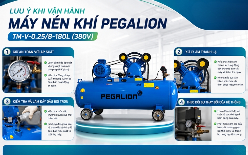 Lưu ý khi vận hành Máy nén khí Pegalion TM-V-0.25/8-180L (380V)