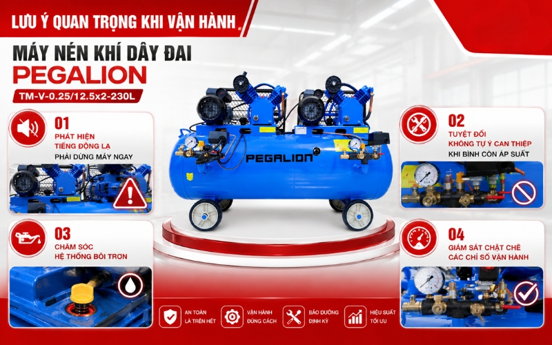 Lưu ý quan trọng khi vận hành Máy nén khí Pegalion TM-V-0.25/12.5x2-230L