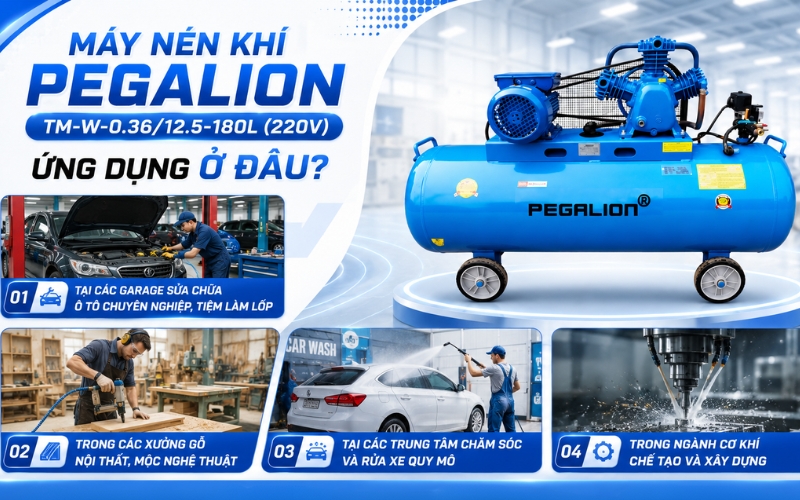 Máy nén khí Pegalion TM-W-0.36/12.5-180L (220V) ứng dụng ở đâu?