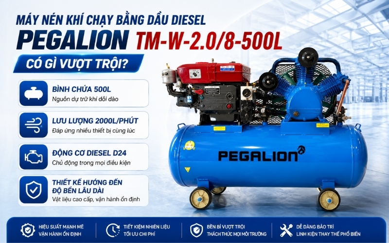 Máy nén khí chạy bằng dầu diesel Pegalion TM-W-2.08-500L có gì vượt trội