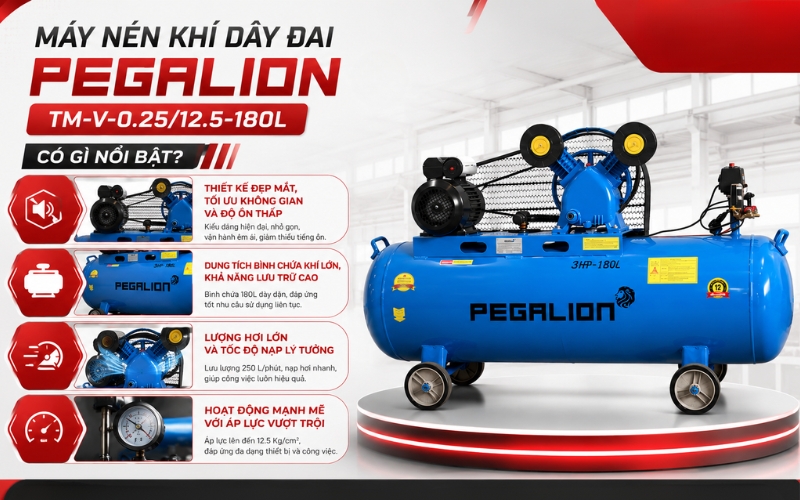 Máy nén khí dây đai Pegalion TM-V-0.25/12.5-180L có gì nổi bật?