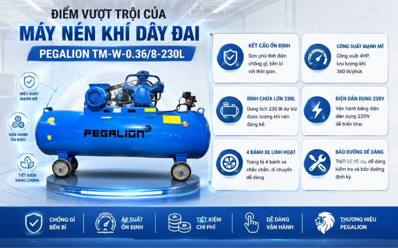 Máy nén khí dây đai Pegalion TM-W-0.368-230L có gì vượt trội