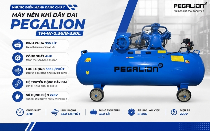 Những điểm mạnh đáng chú ý ở máy nén khí dây đai Pegalion TM-W-0.368-330L
