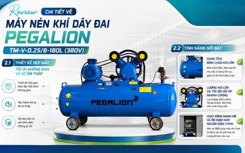Review chi tiết về Máy nén khí dây đai Pegalion TM-V-0.25/8-180L (380V)
