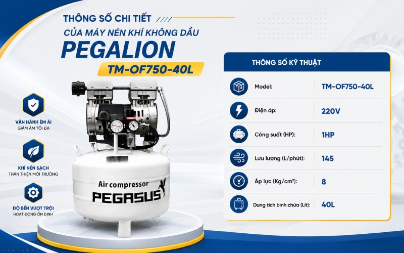 Thông số chi tiết của Máy nén khí không dầu Pegalion TM-OF750-40L