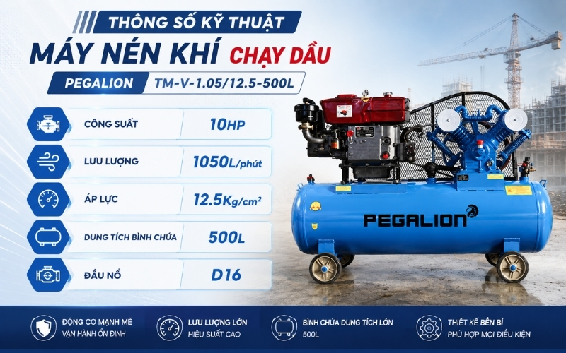 Thông số kỹ thuật máy nén khí chạy dầu Pegalion TM-V-1.0512.5-500L