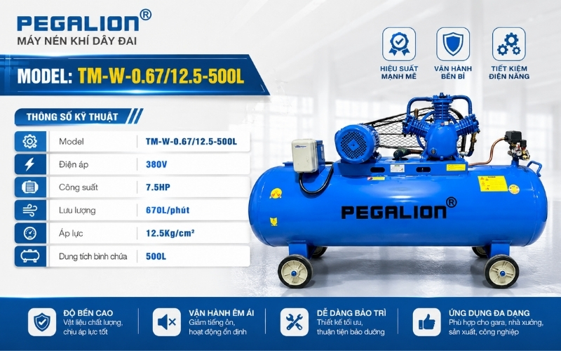 Thông số kỹ thuật máy nén khí dây đai Pegalion TM-W-0.6712.5-500L