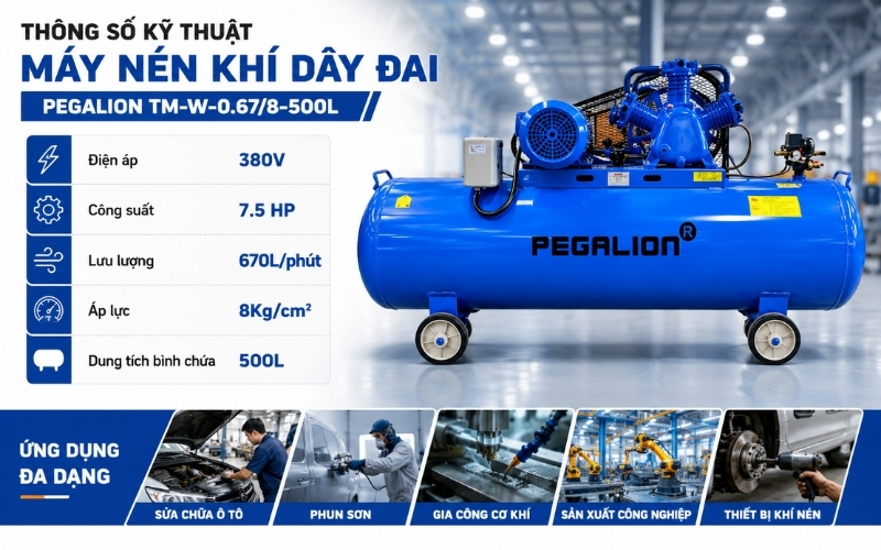  Thông số kỹ thuật máy nén khí dây đai Pegalion TM-W-0.678-500L