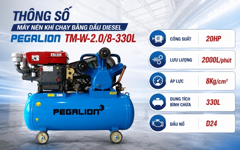 Thông số máy nén khí chạy bằng dầu diesel Pegalion TM-W-2.08-330L