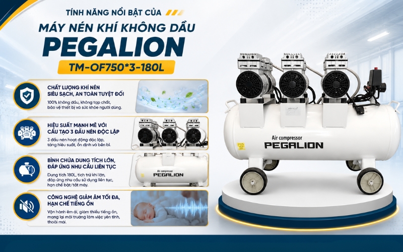 Tính năng nổi bật của Máy nén khí không dầu Pegalion TM-OF750*3-180L