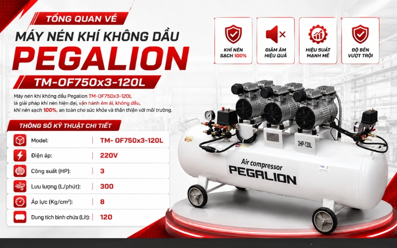Tổng quan về Máy nén khí không dầu Pegalion TM-OF750x3-120L