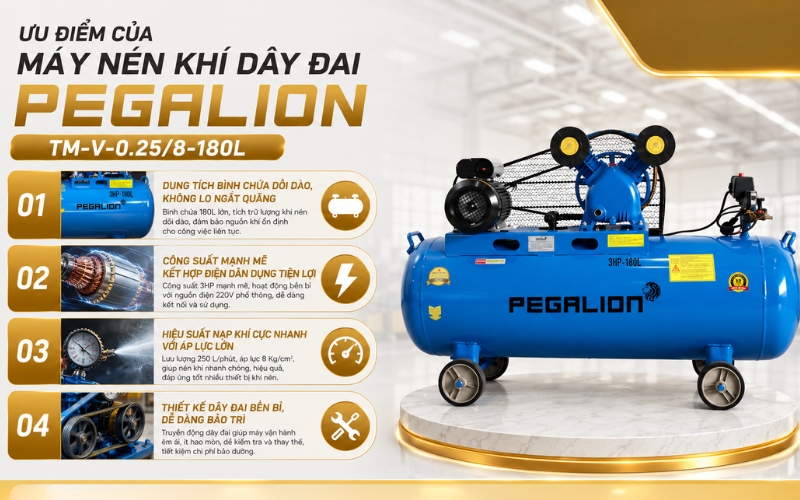 Ưu điểm của Máy nén khí dây đai Pegalion TM-V-0.25/8-180L