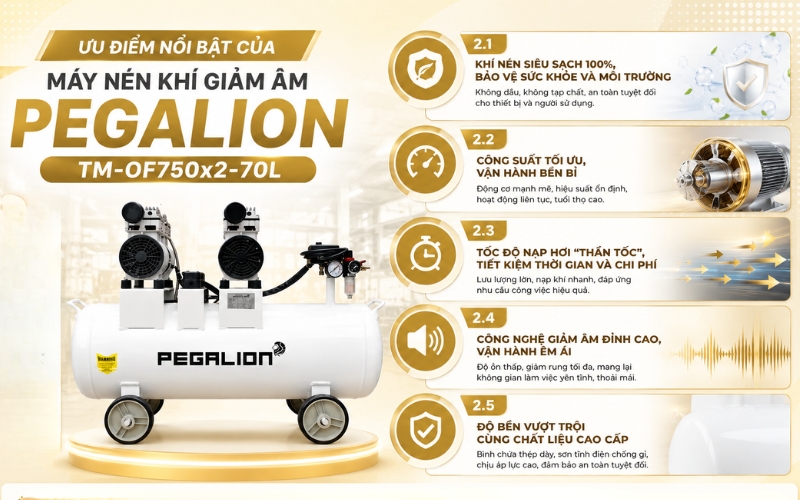 Ưu điểm nổi bật của Máy nén khí giảm âm Pegalion TM-OF750x2-70L