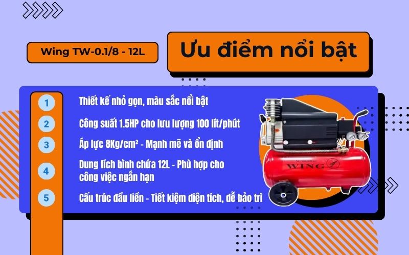 Ưu điểm nổi bật của máy nén khí đầu liền Wing TW-0.1/8 - 12L