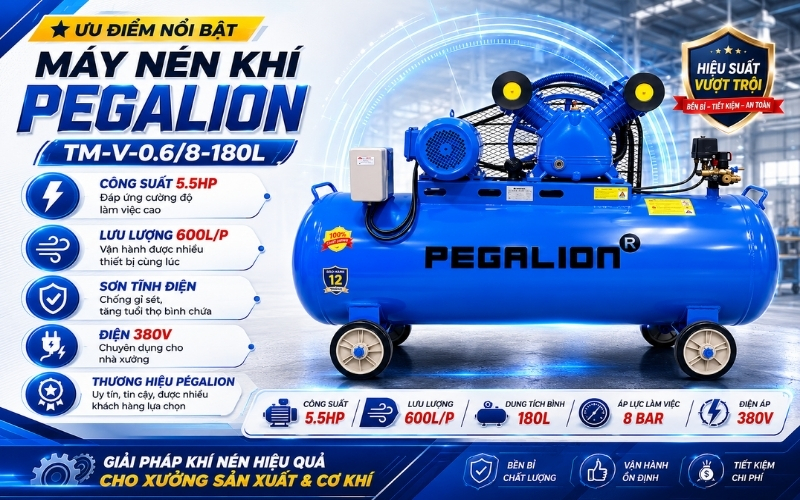 Ưu điểm nổi bật của máy nén khí dây đai Pegalion TM-V-0.68-180L (380V)