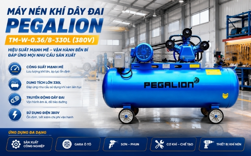 Ưu điểm nổi bật máy nén khí dây đai Pegalion TM-W-0.368-330L (380V)