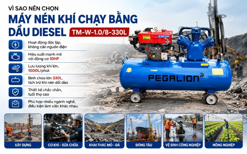 Vì sao nên chọn máy nén khí chạy bằng dầu diesel TM-W-1.08-330L