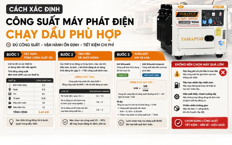 Cách xác định công suất máy phát điện chạy dầu phù hợp