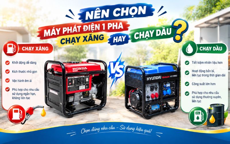 Nên chọn máy phát điện 1 pha chạy xăng hay dầu?