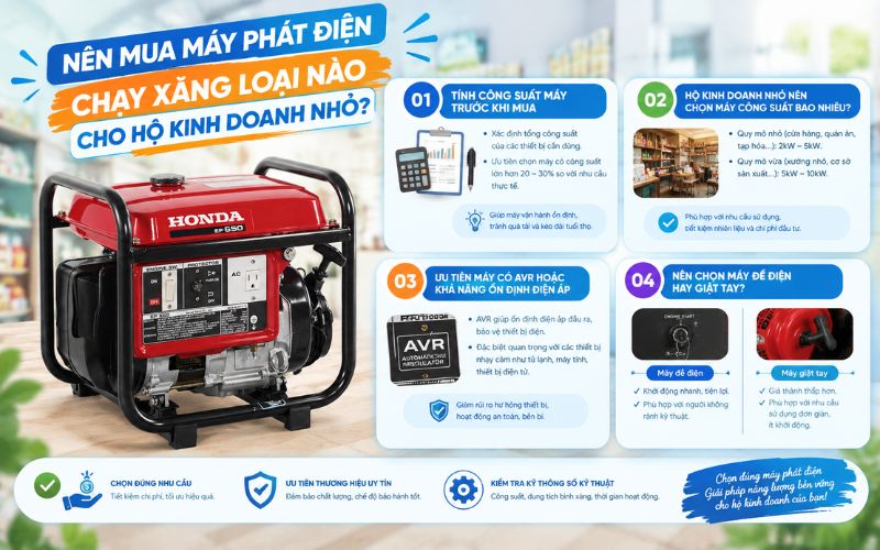Nên mua máy phát điện chạy xăng loại nào cho hộ kinh doanh nhỏ? 