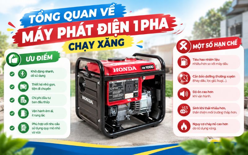 Tổng quan về máy phát điện 1 pha chạy xăng