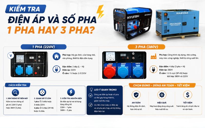 Kiểm tra điện áp và số pha: 1 pha hay 3 pha