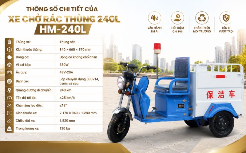Thông số chi tiết của Xe chở rác thùng 240L HM-240L