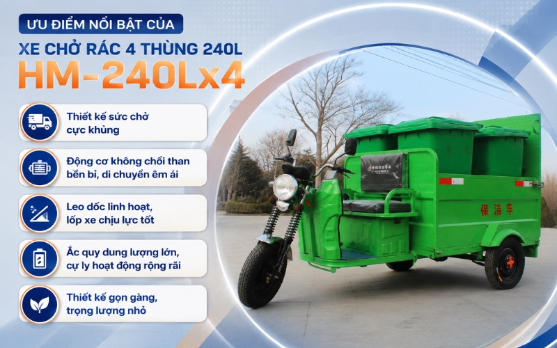 Ưu điểm nổi bật của Xe chở rác 4 thùng 240L HM-240Lx4