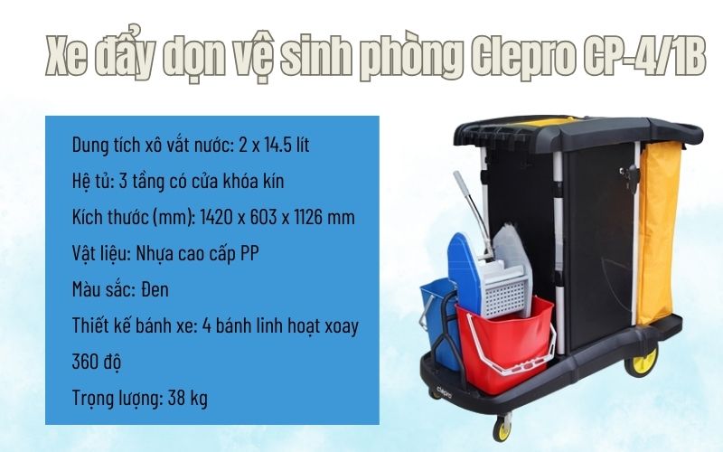 Thông số kỹ thuật Xe đẩy dọn vệ sinh phòng Clepro CP-4/1B