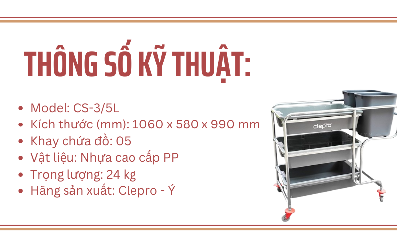 Xe đẩy dọn đồ ăn CLEPRO CS-3/5L