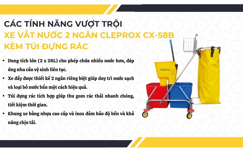 Các tính năng của xe vắt nước 2 ngăn CleproX CX-58B kèm túi đựng rác
