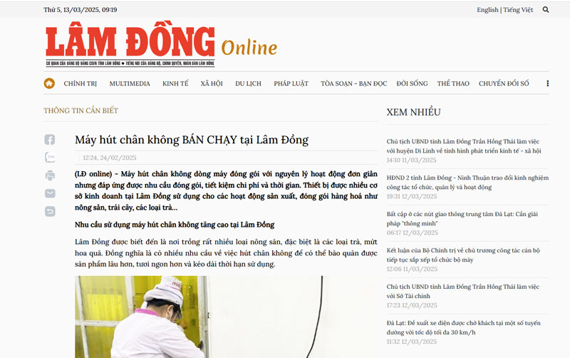 Baolamdong.vn | Máy hút chân không bán chạy tại Lâm Đồng