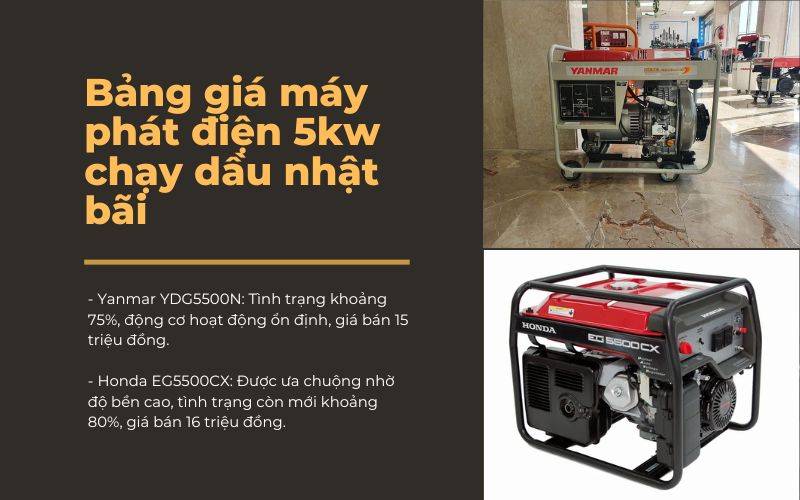 Bảng giá máy phát điện 5kw chạy dầu nhật bãi