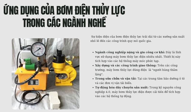 Máy bơm điện thuỷ lực dùng để làm gì? ứng dụng thực tế