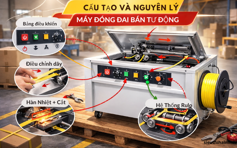 Cấu tạo và nguyên lý của máy đóng đai bán tự động