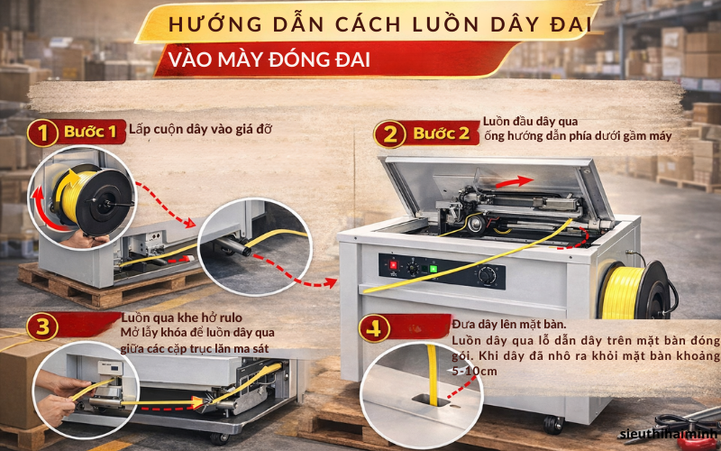 Hướng dẫn cách luồn dây đai vào máy đóng đai