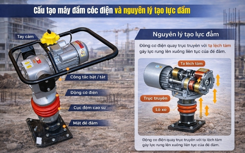 Cấu tạo máy đầm cóc điện và nguyên lý tạo lực đầm