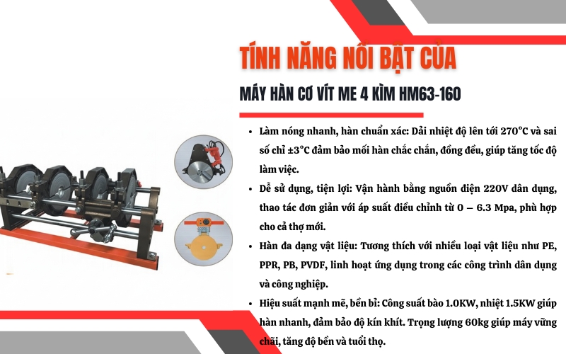 Đặc điểm và tính năng nổi bật của máy hàn cơ vít me 4 kìm HM63-160